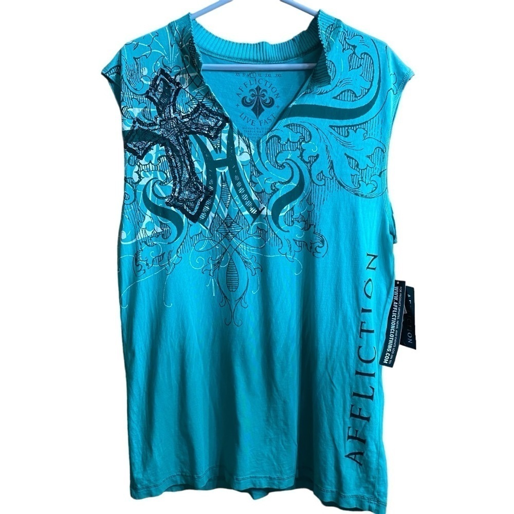 NWT Affliction Live Fast Turquoise Collared VNeck Sleeveless Shirt Top Size L